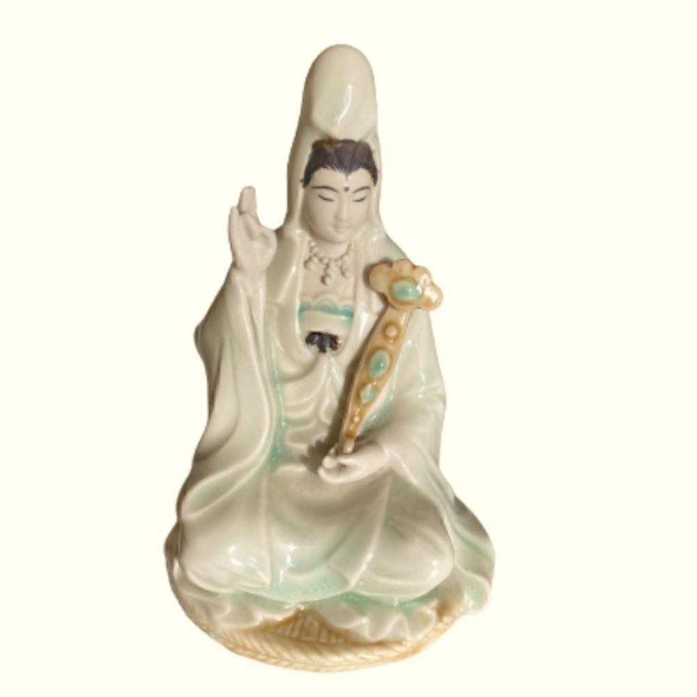 Antique Chinese Guan Yin Statue Green Glazed 5.5”